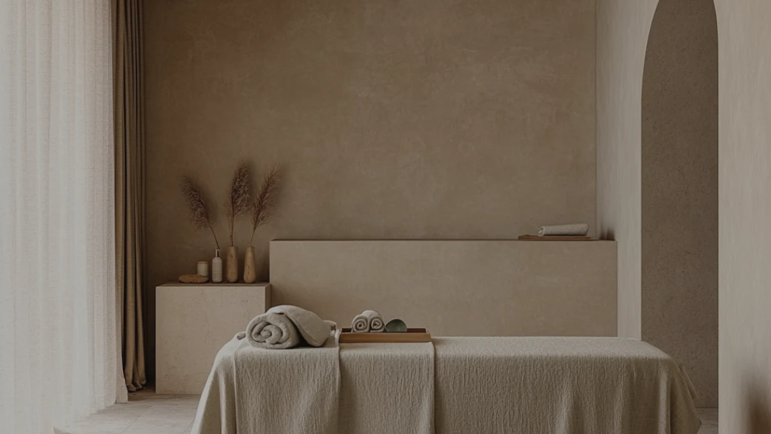 A quiet treatment room: a linen-draped massage table, rolled towels and dried grasses against a warm plaster wall